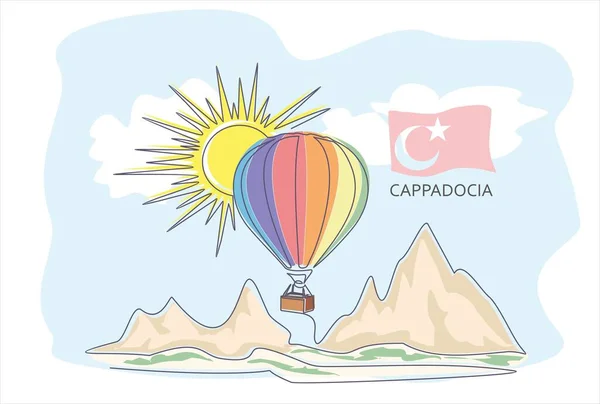 Vektor Illusztráció Egy Gyönyörű Táj Egy Léggömb Cappadocia Folyamatos Egy — Stock Vector