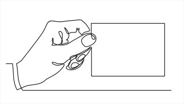 Beyaz arkaplanı olan boş bir kartı tutan el. Sürekli tek bir çizgi çiziyor.