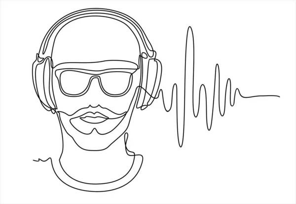 Hipster Auriculares Con Gafas Sol Ilustración Vectorial Dibujo Continuo Una — Vector de stock