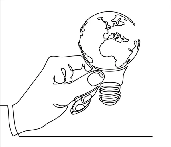 Hand Holding Globe Light Bulb Continuous One Line Drawing — Stock Vector