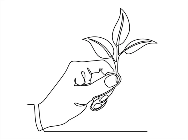 Vector Design Hand Holding Plant Continuous One Line Drawing — ストックベクタ