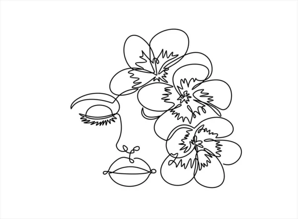 Beautiful Woman Flowers Isolated White Background Continuous One Line Drawing — ストックベクタ