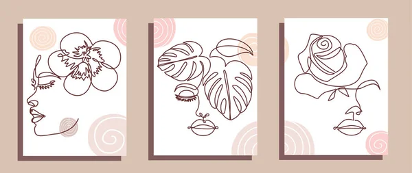 Beautiful Woman Portraits Set Vector Illustration Continuous One Line Drawing — Stok Vektör