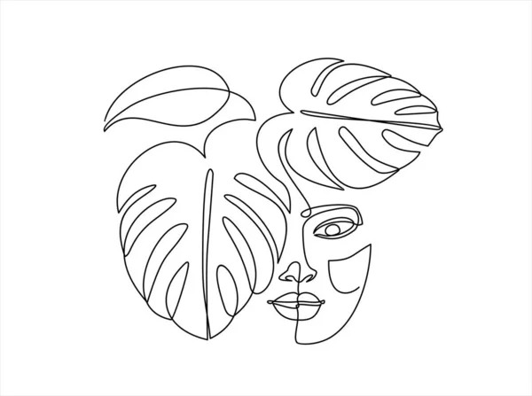女性の頭と熱帯の葉のベクトル図のデザイン 連続的な1つの線画 — ストックベクタ
