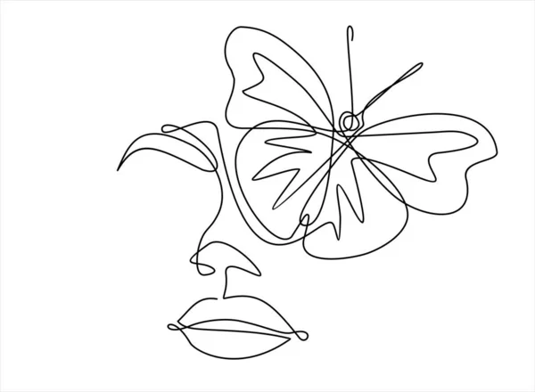 Illustration Vectorielle Croquis Visage Avec Papillon Dessin Ligne Continue — Image vectorielle