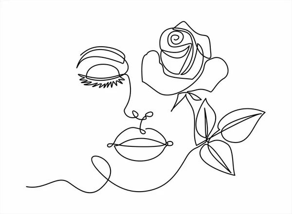 Чорно Біла Жінка Трояндою Біля Обличчя Безперервний Малюнок Лінії — стоковий вектор