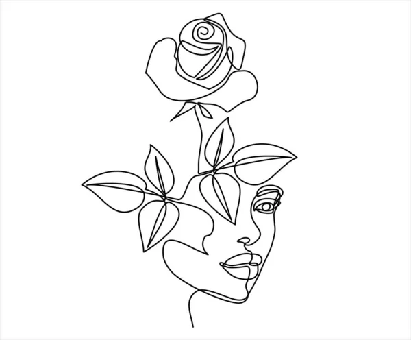 Gambar Vektor Indah Dari Seorang Wanita Dengan Bunga Gambar Garis - Stok Vektor