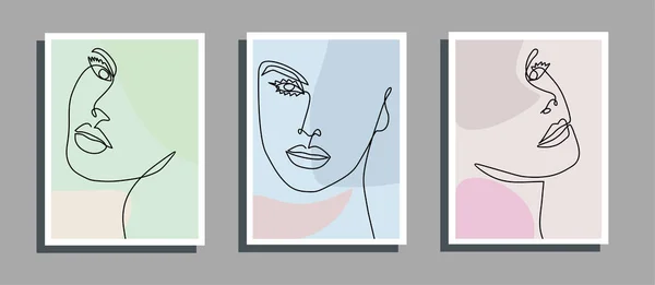 Reihe Von Vektorillustrationen Des Weiblichen Gesichts Kontinuierliche Linienzeichnung — Stockvektor