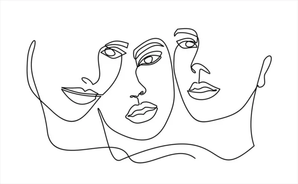 Women Faces Vector Hand Drawn Sketch Illustration Continuous One Line — 图库矢量图片