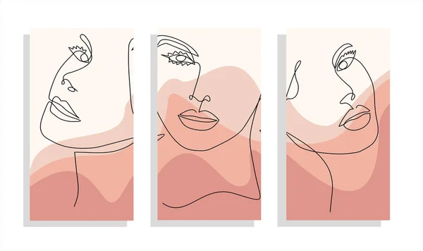 Set Beauty Faces Vector Illustration Continuous One Line Drawing — 图库矢量图片