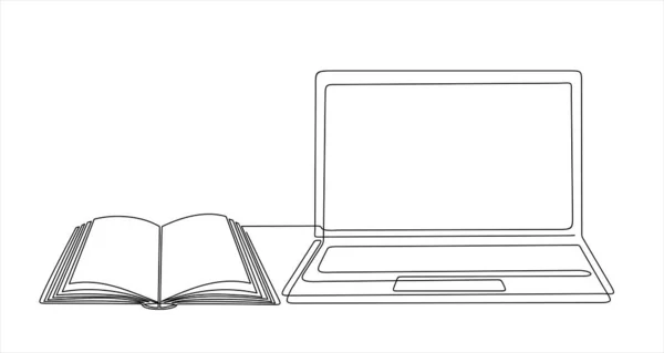 Laptop Book Vector Illustration Design Continuous One Line Drawing — ストックベクタ