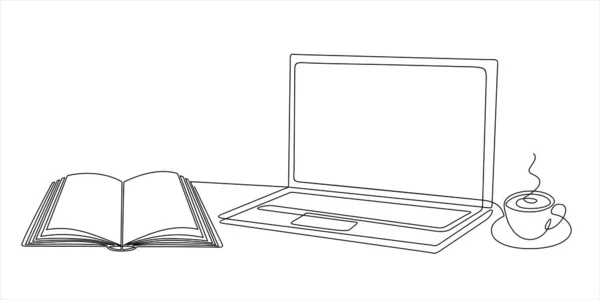 Bildungs Und Lernvektorillustration Laptop Und Buch Durchgehende Linienzeichnung — Stockvektor