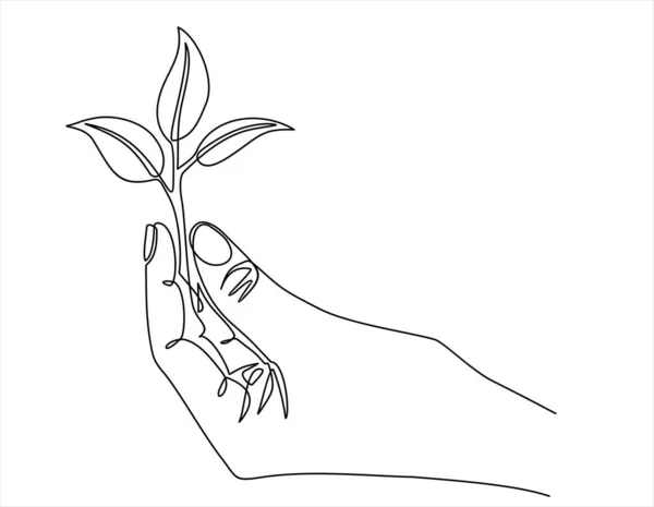 Hand Holding Plant Vector Illustration Continuous One Line Drawing — ストックベクタ