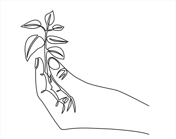 Continuous Line Drawing Hand Holding Plant Continuous One Line Drawing — Stock Vector