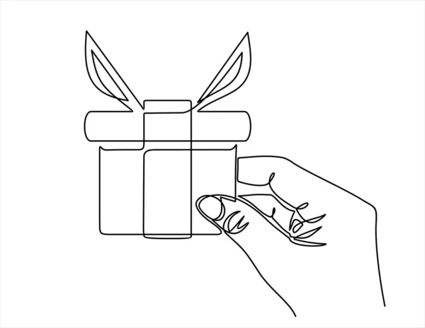 Hand Holding Gift Box Vector Illustration Design Continuous One Line — Stockvektor