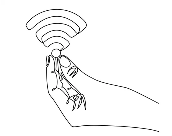 Hand Holding Wifi Symbol Vector Illustration Continuous One Line Drawing — Stock vektor