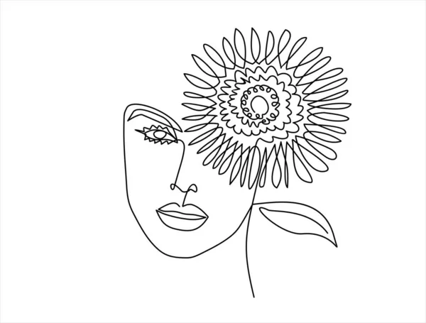 Beautiful Woman Flower Vector Illustration Continuous One Line Drawing — 图库矢量图片