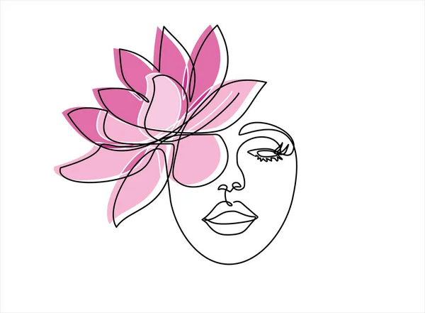 Beautiful Young Woman Flower Continuous One Line Drawing — 图库矢量图片
