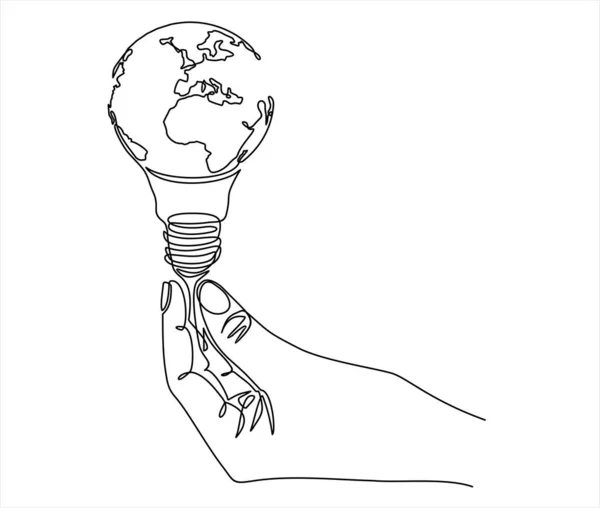 Hand Holding World Globe Light Bulb Vector Illustration Continuous One — ストックベクタ