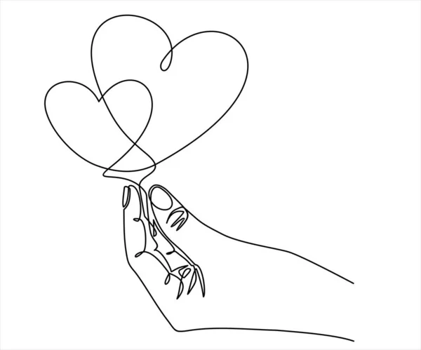 Рука Держит Сердца Векторная Иллюстрация Непрерывная Рисование Одной Линии — стоковый вектор