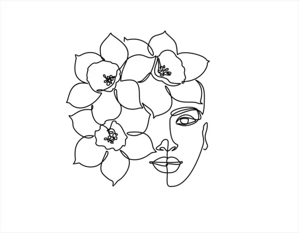 Kadının Üzerindeki Güzel Çiçekler Vektör Çizimine Bakıyor Sürekli Bir Çizgi — Stok Vektör