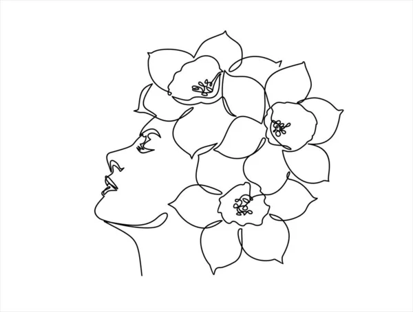 Beautiful Woman Flowers Hair Vector Illustration Continuous One Line Drawing — ストックベクタ