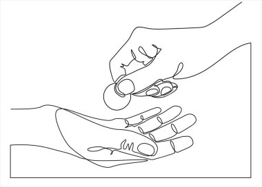 hand drawn vector illustration of hand giving a coin .Continuous one line drawing