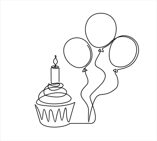 Születésnapi Torta Léggömb Vektor Illusztráció Design Folyamatos Egysoros Rajz — Stock Vector