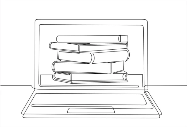Laptop Computer Mit Büchern Vektor Illustration Design Kontinuierliche Eine Linienzeichnung — Stockvektor
