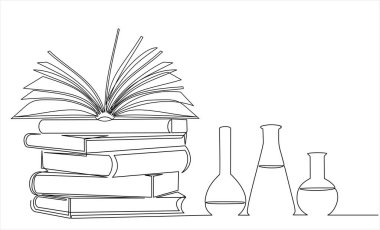 Beyaz arka planda kitap yığınları ve laboratuvar vitrinlerinin kesintisiz bir çizimi. İzole edilmiş basit çizgi modern grafik tarzı. Eğitim için elle çizilmiş grafik konsepti