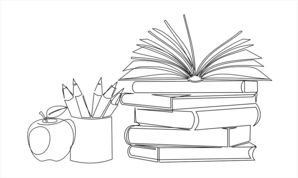 Continuous One Line Drawing Books Stack Pencils Apple Minimalist Vector — ストックベクタ