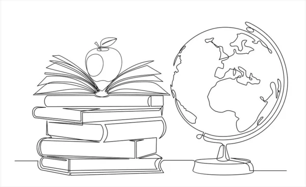 Continuous One Line Drawing Earth Globe Books Stack Apple Vector — 图库矢量图片
