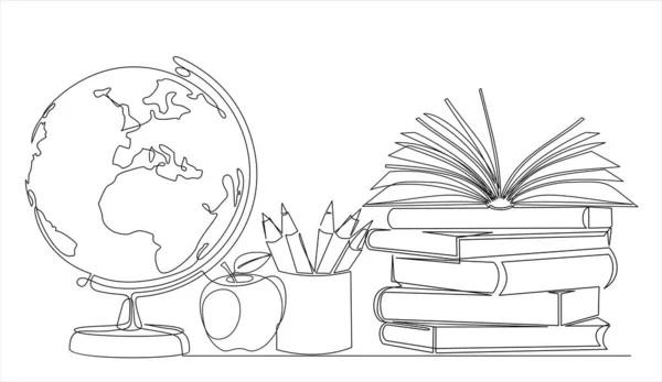 Continuous One Line Drawing Earth Globe Books Stack Pencils Apple — Vector de stock