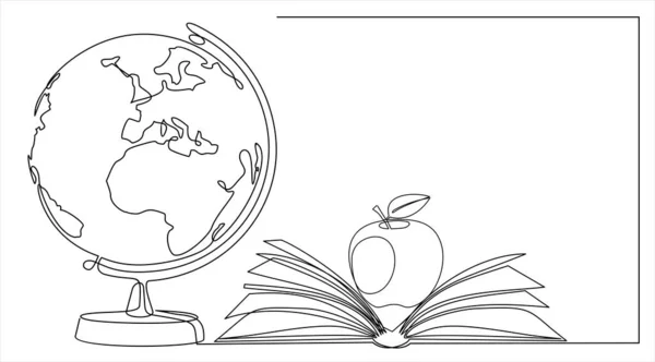 Earth Globe Book Apple Desk Continuous One Line Drawing One — 图库矢量图片