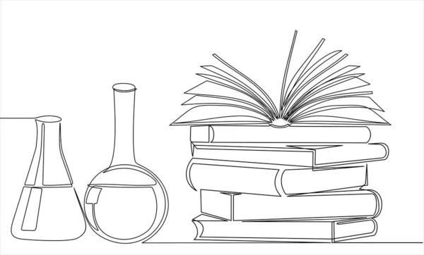 Continuous One Line Drawing Books Stack Laboratory Glassware White Background — Vector de stock