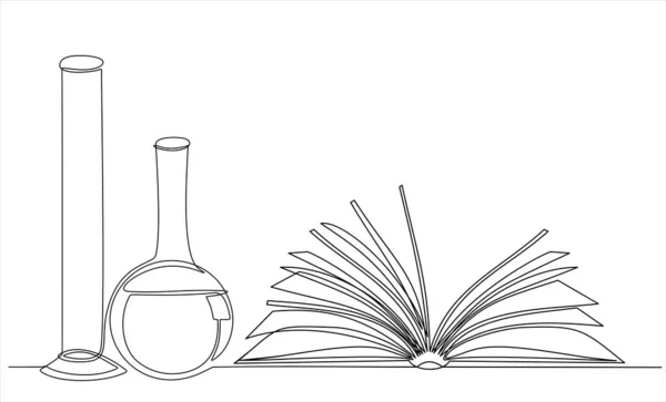 Continuous One Line Drawing Book Laboratory Glassware White Background Isolated — Stockvektor