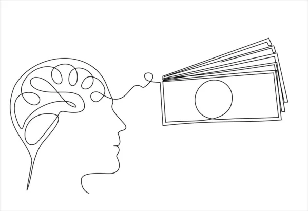 Continuous Line Modern Drawing Human Head Brain Thinking Money Thinking — Vetor de Stock