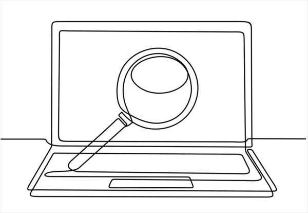 Kontinuierliche Einzeilige Zeichnung Des Laptops Mit Browser Und Lupe Suche — Stockvektor