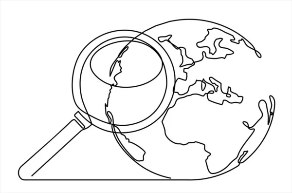 Ciągłe Rysowanie Linii Światowej Planety Szukaniem Ikony Wyszukiwania Szkła — Wektor stockowy