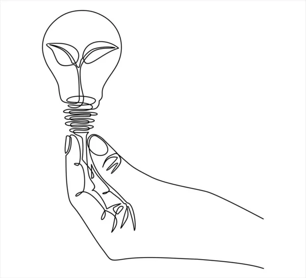Continuous One Line Drawing Hand Holding Plant Lightbulb One Line —  Vetores de Stock