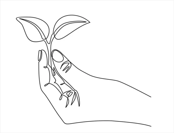 Continuous One Line Drawing Back Nature Theme Hand Holding Plant — Stok Vektör