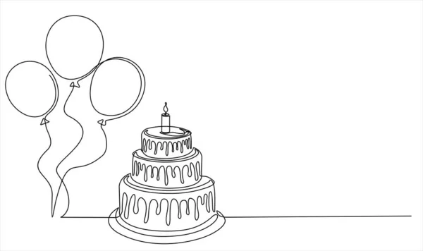 Continuous Line Drawing Birthday Cake Balloons Cake Sweet Cream Candle — Stock vektor