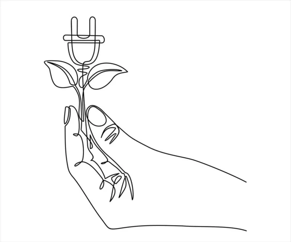 Continuous One Line Drawing Hand Holding Sprout Plug Plant Energy Gráficos vectoriales