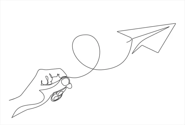 Hand Launches Sky Airplane Isolated White Background Continuous Line Illustration — Image vectorielle