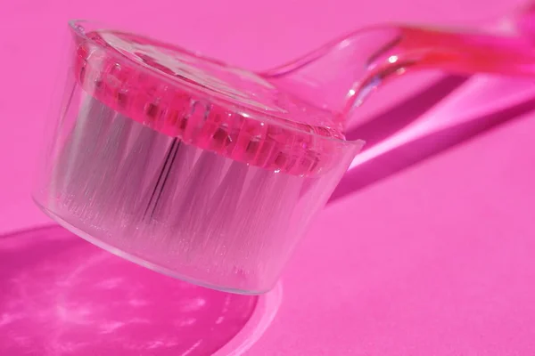 Pink Brush Removing Manicure Dust Pink Table — Stock Photo, Image