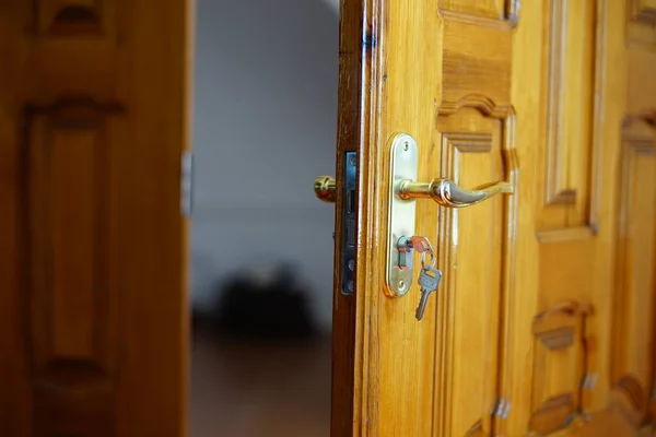 Closeup Brown Lacquered Door Gold Handle Silver Key — Fotografia de Stock