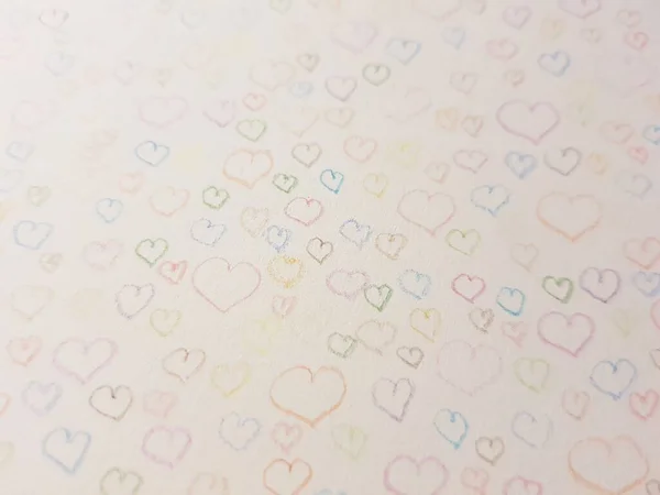 Many Small Hearts Drawn Colored Pencils White Paper — Stok fotoğraf