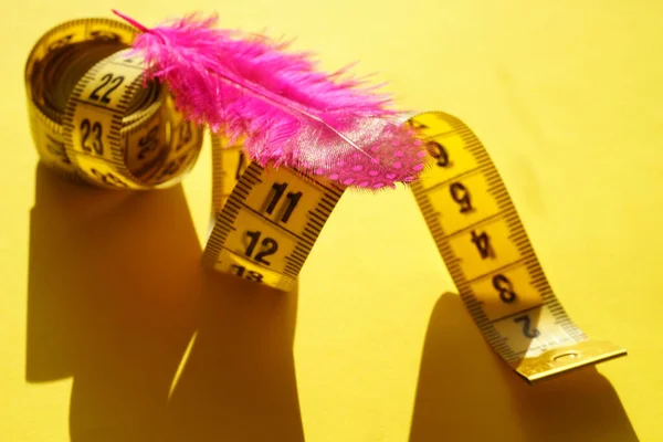 Measuring Tape Pink Bird Feather Sunny Yellow Table — Stock Photo, Image