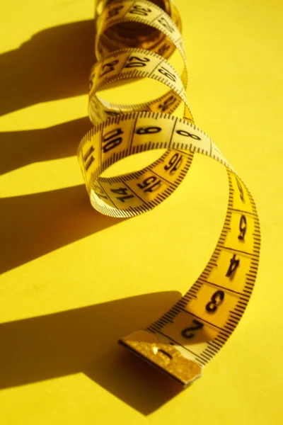 Yellow Measuring Tape Sunny Table Closeup Summer Style Shadows — Stock Photo, Image