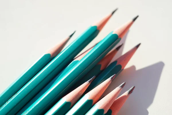 Green Set Graphite Pencils Sunny White Table — Stock Photo, Image